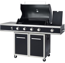Gasgrill mit vier Brennern, offenem Deckel und Unterschrank