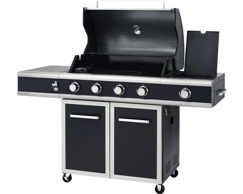 Gasgrill mit vier Brennern, offenem Deckel und Unterschrank