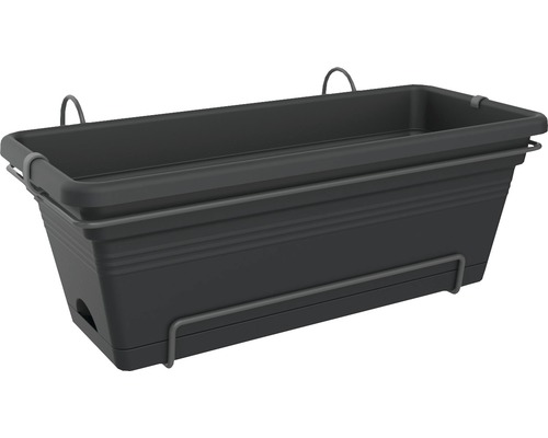 Grauer Blumenkasten mit Halterung für den Außenbereich