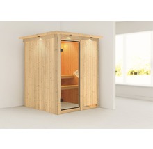 Plug & Play Sauna Karibu Achat I ohne Ofen mit Dachkranz und bronzierter Ganzglastüre