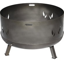 Feuerschale aus Metall mit Flammenmuster und drei Beinen