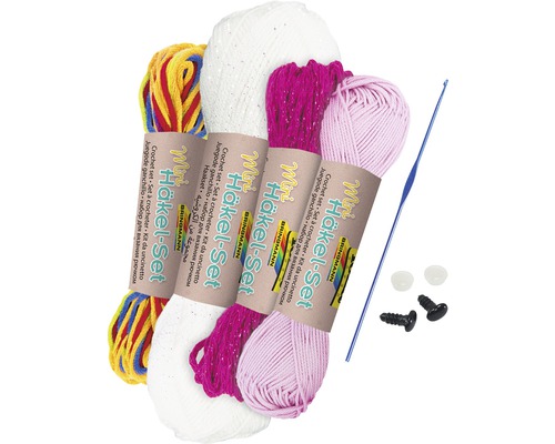 Mini Häkelset mit Garn in verschiedenen Farben, Häkelnadel und Kunststoffaugen