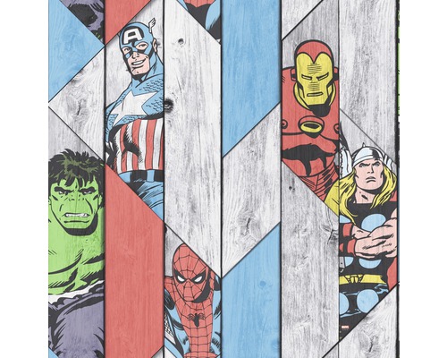 Papiertapete 102435 Kids@ Home 5 Marvel Holz Tapete mit Marvel-Figuren im Holzdesign