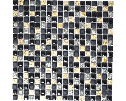 Natursteinmosaik XRS S3K schwarz/kupfer 30x30 cm Mosaikfliese mit quadratischen schwarzen, grauen und goldenen Glaselementen