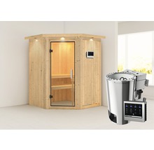 Plug & Play Sauna Karibu Achat II inkl. 3,6 kW Bio Ofen u.ext.Steuerung mit Dachkranz und Ganzglastüre aus Klarglas