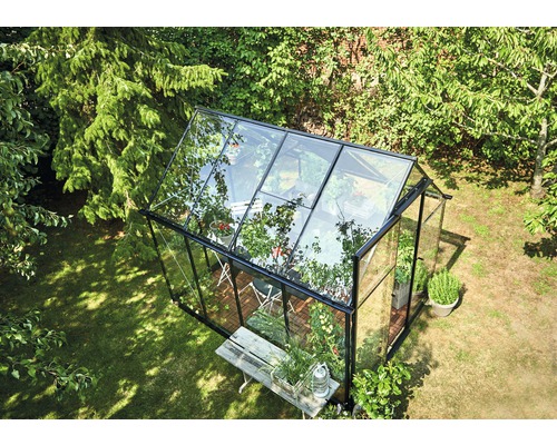 Draufsicht auf ein Gewächshaus mit Pflanzen auf Rasen