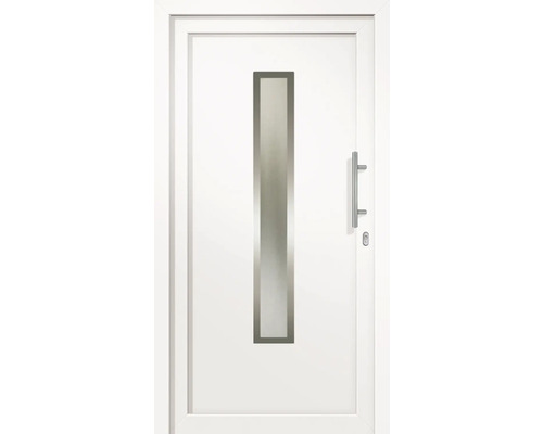 Weiße Haustür mit vertikalem Glaseinsatz und Griff