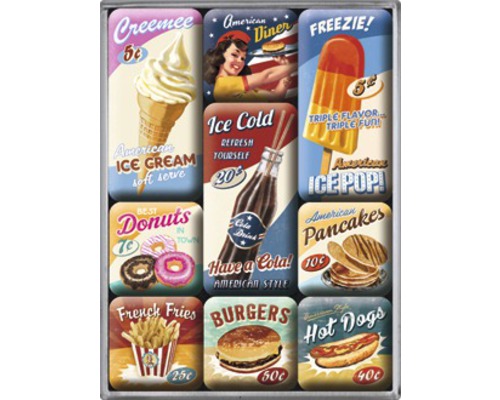 Dekoratives Wandbild mit amerikanischen Speisen wie Eis, Donuts und Burgern