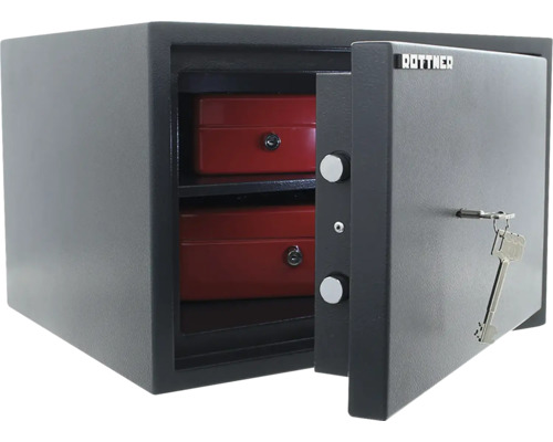 Geöffneter Möbeltresor mit zwei Schubladen und Schlüssel