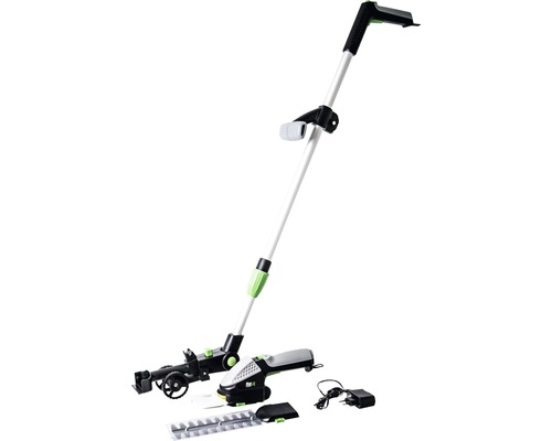 Akkubetriebene Grasschere mit Teleskopstiel, Akku, Ladegerät und Messern
