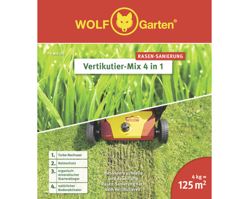 Rasendünger Vertikutier-Mix Wolf-Garten 4 kg 125 m² Wolf Garten Logo. Packung Vertikutier-Mix 4 in 1 für Rasenflächen bis 125 Quadratmeter, 4 Kilogramm