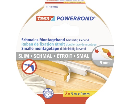 tesa Powerbond doppelseitiges Montageband schmal 5m x 9mm Tesa Powerbond schmales Montageband, beidseitig klebend, 2 Rollen à 5 Meter x 9 Millimeter