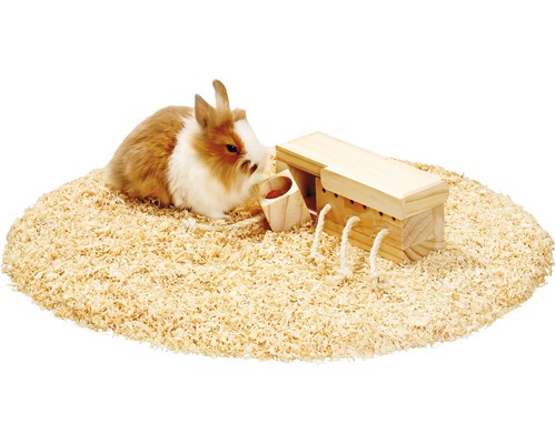 Kaninchen auf Holzspänen mit Holzhäuschen und Heuraufe