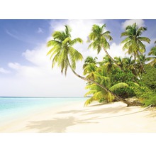 Strandszene mit Palmen, Sand und Meer