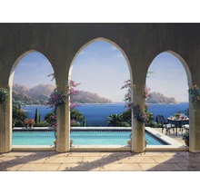Gemälde einer mediterranen Terrasse mit Pool und Meerblick