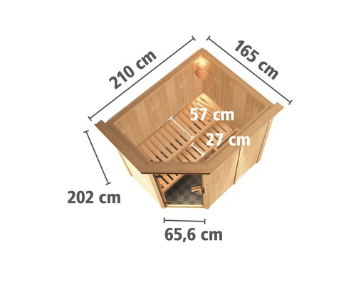 Plug & Play Sauna Karibu Laja inkl. 3,6 kW Ofen u.ext.Steuerung mit Dachkranz und Ganzglastüre aus Klarglas