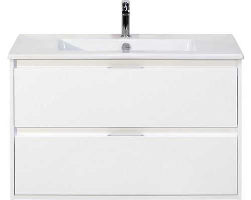 Badmöbel-Set Sanox Porto BxHxT 91 x 57 x 51 cm Frontfarbe weiß hochglanz mit Waschtisch Keramik weiß Badmöbel-Set Sanox Porto BxHxT 91 x 57 x 51 cm Frontfarbe weiß hochglanz mit Waschtisch Keramik weiß