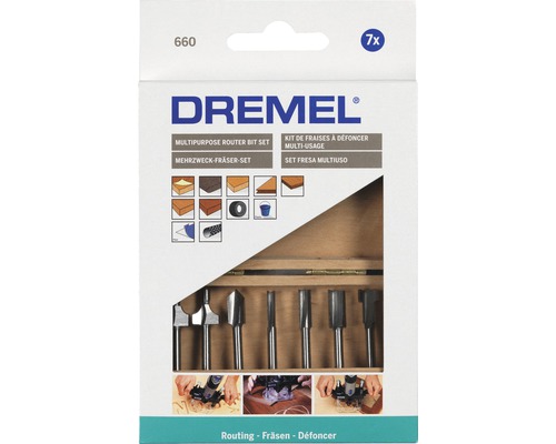 Dremel Mehrzweck-Fräser-Set mit sieben Teilen in Holzbox