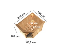 Ecksauna mit Maßangaben in Zentimetern