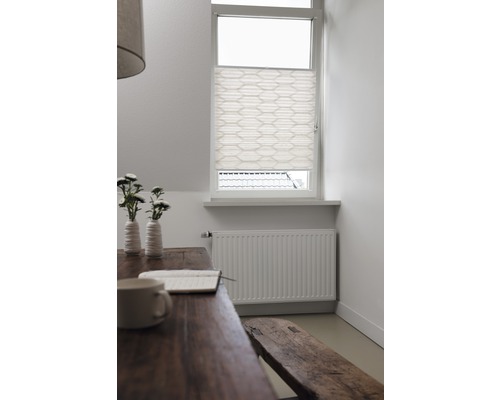 Heller Raum mit Holzmöbeln, Heizkörper und Plissee am Fenster