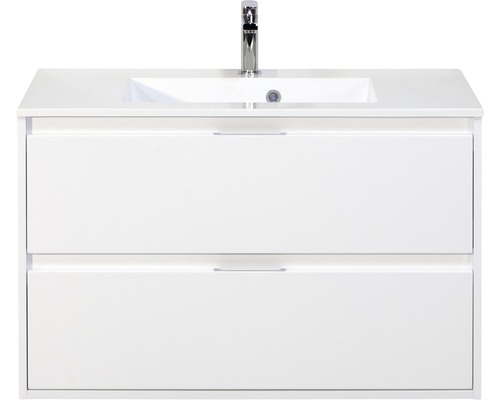 Badmöbel-Set Sanox Porto BxHxT 90 x 56,5 x 50 cm Frontfarbe weiß hochglanz mit Waschtisch Mineralguss weiß Badmöbel-Set Sanox Porto BxHxT 90 x 56,5 x 50 cm Frontfarbe weiß hochglanz mit Waschtisch Mineralguss weiß