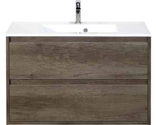 Badmöbel-Set Sanox Porto BxHxT 90 x 56,5 x 50 cm Frontfarbe nebraska oak mit Waschtisch Mineralguss weiß Badmöbel-Set Sanox Porto BxHxT 90 x 56,5 x 50 cm Frontfarbe nebraska oak mit Waschtisch Mineralguss weiß