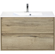 Badmöbel-Set Sanox Porto BxHxT 90 x 56,5 x 50 cm Frontfarbe eiche natur mit Waschtisch Mineralguss weiß
