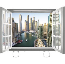 Wandsticker mit Fensterblick auf eine Skyline mit Wolkenkratzern und Wasser