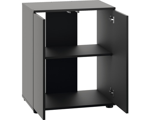 Schwarzer Unterschrank mit zwei offenen Türen und zwei Regalböden