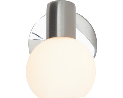 Wandleuchte mit rundem, weißem Lampenschirm und Metallelementen