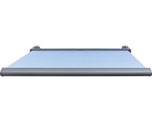 Blaue Gelenkarmmarkise mit grauer Kassette