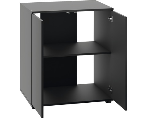 Schwarzer Unterschrank mit zwei offenen Türen und zwei Regalböden
