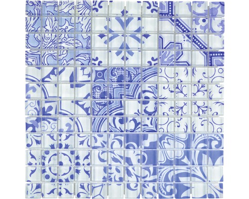 Glasmosaik XCM8OP33 Crystal Design blau/weiß 30x30 cm Mosaikmatte mit blau-weißen Mustern