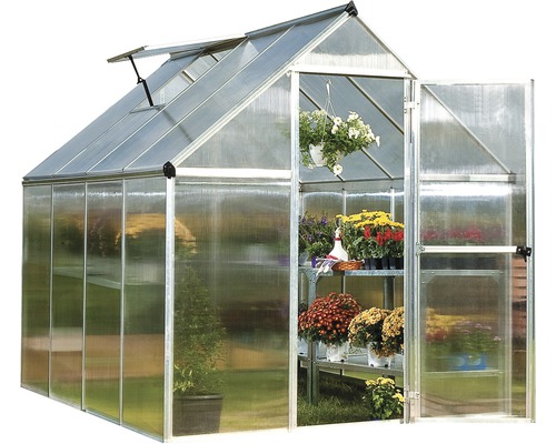 Gewächshaus mit Pflanzenregal und geöffneter Tür