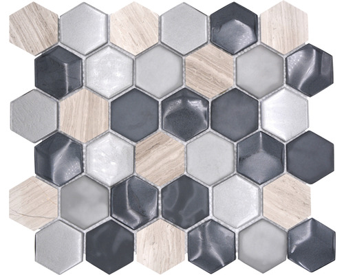 Glasmosaik Crystal mit Naturstein HXN 22 grau 26x30 cm Sechseckiges Mosaik aus Glas und Holz