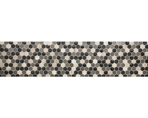 Mosaikfliese mit sechseckigem Muster in Holzoptik und Grau