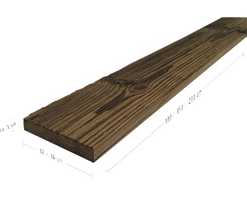 Holzbrett mit den Maßen circa 2 cm dick, 12 bis 16 cm breit und 100, 150 oder 200 cm lang