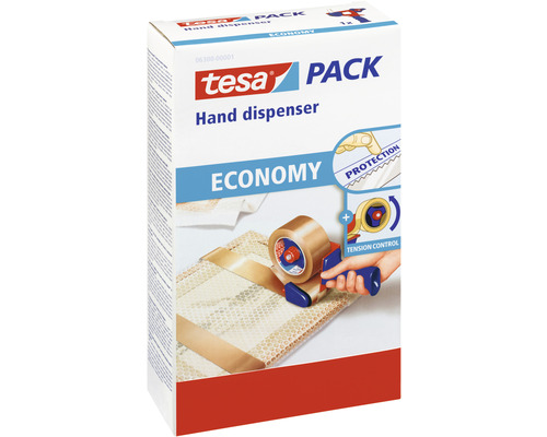 Tesa Pack Handabroller mit Paketband auf einer Verpackung