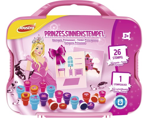 Joustra Prinzessinenstempel Set mit 26 Stempeln und einem Stempelblock in einer pinkfarbenen Kunststoffbox