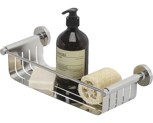 Duschablage aus Metall mit Seife, Duschgel und Luffaschwamm