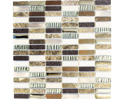 Glasmosaik mit Naturstein XCM SM48 braun 29,8x30,4 cm Mosaikfliese mit rechteckigen Steinen aus Glas und Naturstein
