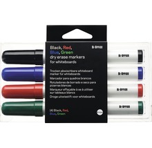 Vier Whiteboardmarker in Schwarz, Rot, Blau und Grün in einer Verpackung