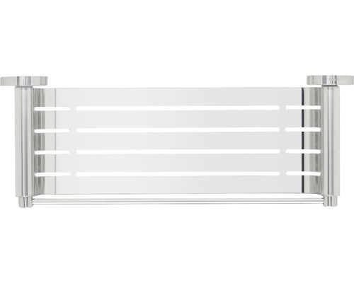 Silberfarbener Badheizkörper mit horizontalen Lamellen zur Wärmeverteilung.