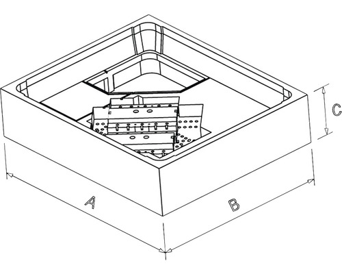 Zeichnung einer Entwässerungsrinne mit den Maßen A, B und C.