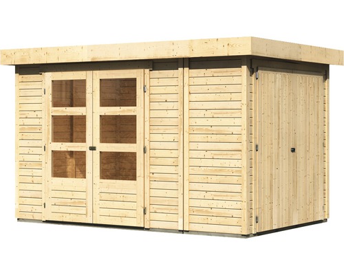 Holzgartenhaus mit Fenstern und Doppeltür