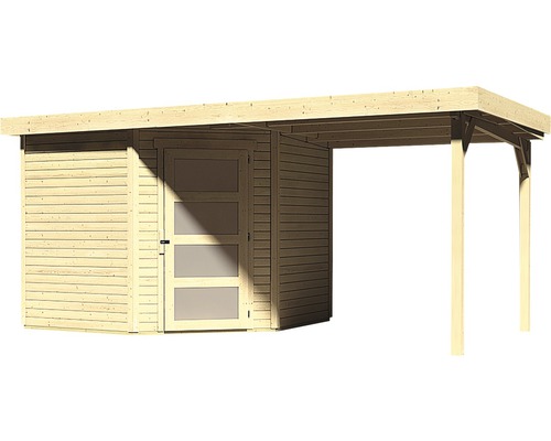 Holzgartenhaus mit Vordach und Tür mit Glaseinsätzen