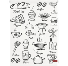 Rollo mit Lebensmittelmotiven, einschließlich Gebäck, Kaffee, Cocktails, Desserts und Salate