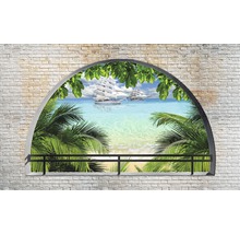 Wandbild mit Blick auf Segelschiffe und Palmen am Meer