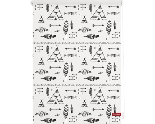 Rollvorhang mit grafischem Muster aus Federn, Pfeilen und Tipis