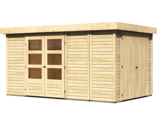 Gartenhaus aus Holz mit Fenstern und Doppeltür